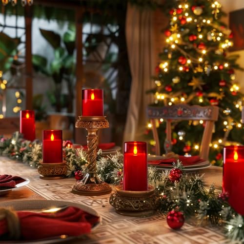 Image of Homemory Christmas Red Flickering Flameless Candles, Battery Operated Acrylic LED Pillar Candles with Remote Control and Timer, Set of 5