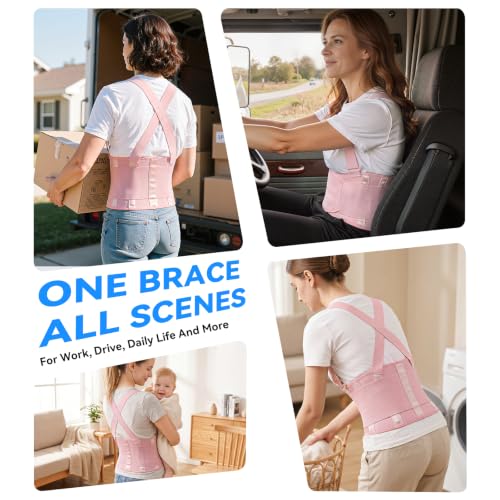 Image of Work Back Brace for Men & Women, Adjustable Lower Back Support Belt for Sciatica, Herniated Disc, Pain Relief, Moving Construction Warehouse Heavy Lifting Safety & Protection (Pink, Large)