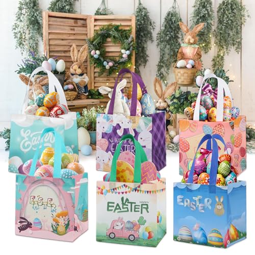 Moseem Ostereiersuche-Taschen mit Griffen, 6 Stück Ostern Tasche Geschenktüten Kinder,Wiederverwendbare Vielseitige Ostertüten Geschenk Eiersuche Verpacken Partyzubehör Osterndeko