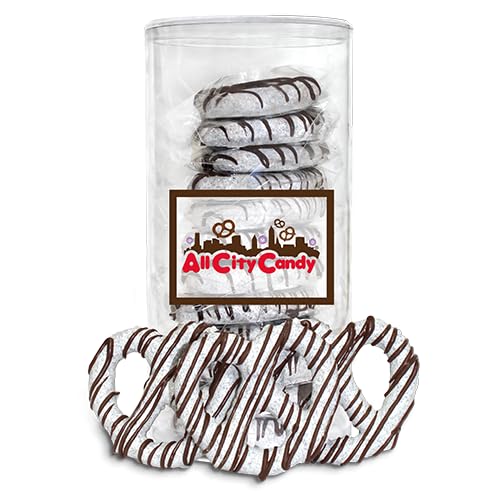 All City Candy Cookies and Cream Pretzel Twists, Hand-Dipped in White Chocolate with Crushed Sandwich Cookies, Milk Chocolate Drizzle, Individually Wrapped, Clear Gift Canister, 12 Pieces, Gift Ready, Home snacking or Hostess gifts