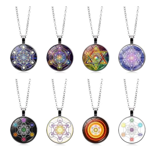 8-Piece Sacred Geometry Necklace Set, Seven Chakra Flower of Life Pendant, Reiki Healing Spiritual Amulet Jewelry, Unisex, Meditation and Yoga Energy Accessories