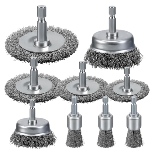 VIDICA Wire Brush for Drill Set 9Pcs,Abrasive Wire Wheel for 1/4 Inch Hex Shank, Wire Cup Brush for Drill, Coarse Crimped Carbon Steel Wire Brush Set for Removing Paint and Rust