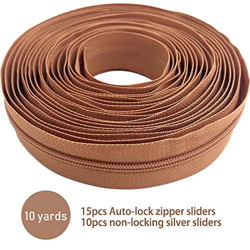 10Yards Bulk Zippers #3 Nylon Coil Zippers by The Yard with 15pcs Auto-lock Zipper Sliders and 10pcs Silver Pulls for Sewing Crafts Bages(#3 Off White)