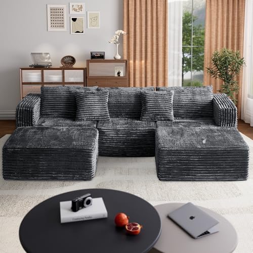 Image of 110 Corduroy Modular Sectional Boneless Sofa with 2 Ottomans, Convertible Cloud Couch with Deep Seats, Fluffy Memory Foam U Shaped Couch for Living Room, No Assembly Required (Gray)