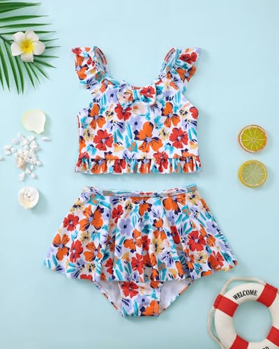 Image of Saeaby Toddler Little Girls Swimsuit Summer Halter Ruched Tankini 2 Piece Bathing Suit for Girl Beach Swimwear 3-8Y