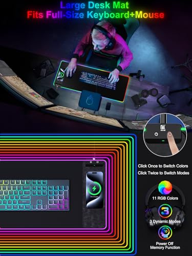 Image of Mouse Pad with Wireless Charging, Large Desk Mat RGB Gaming Mousepad, 10 Light Colors LED Gaming Pad Keyboard Pad with Ultra-Smooth Surface & Non-Slip Rubber Base, Waterproof Full Desk Mouse Pad