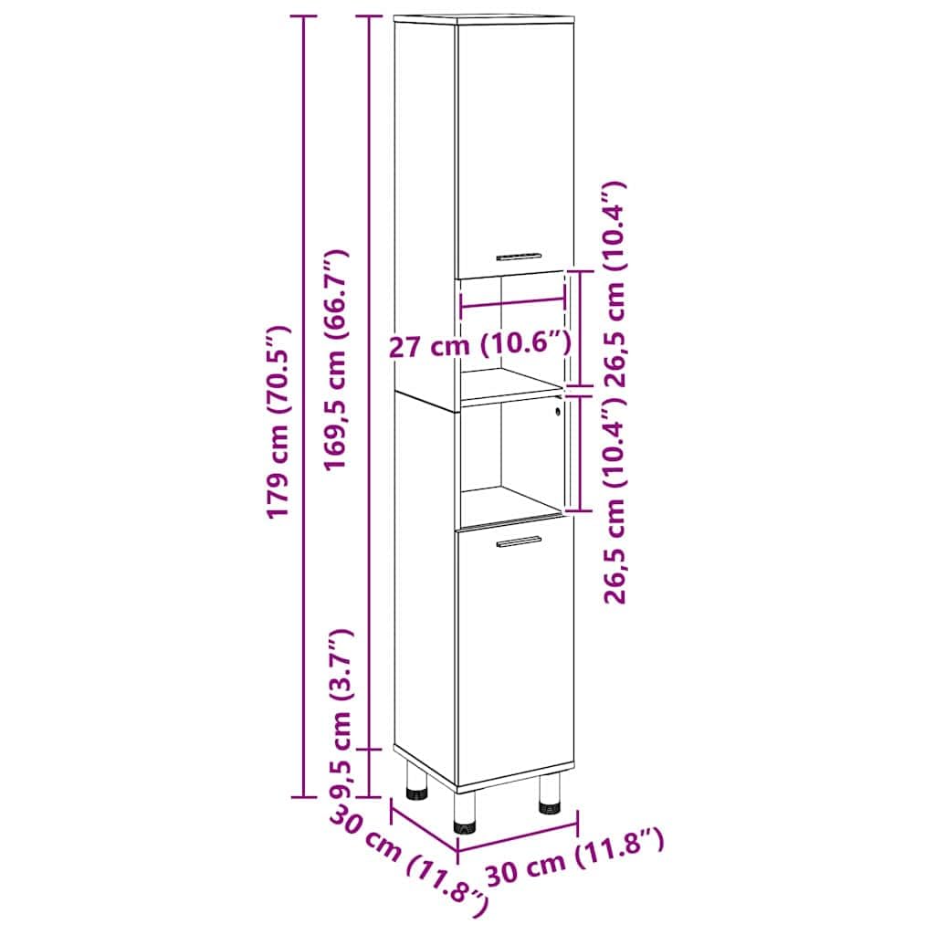 vidaXL Gabinete de Baño con Estante Roble Negro 30 x 30 x 179 cm, Almacenamiento para baño, Armario Compacto, diseño Moderno, estantería Duradera, Organizador Funcional