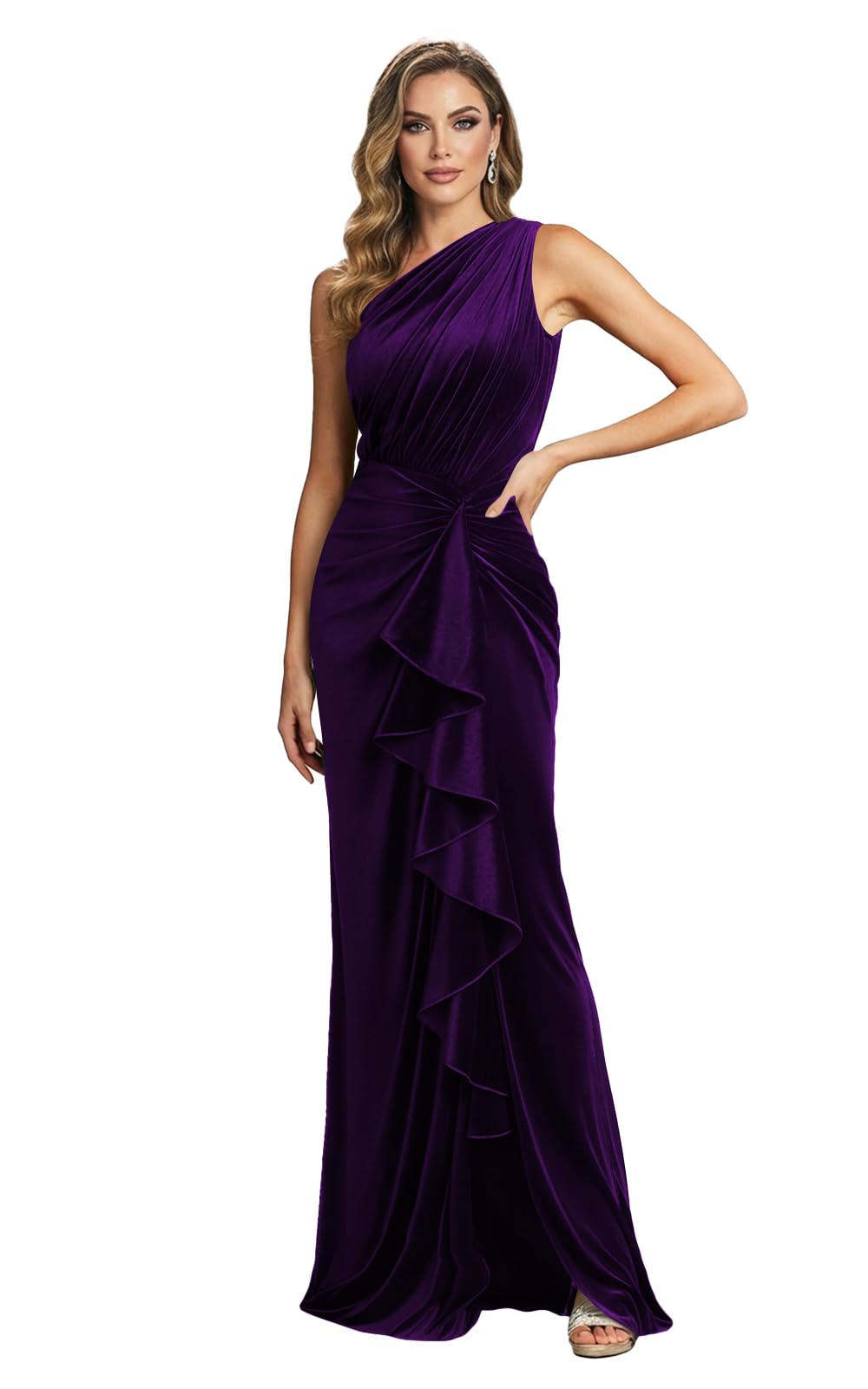 ROSEGOD One Shoulder Formal Dresses for Women Pleated Ruffled Velvet Mermaid Long Prom Evening Dress with Slit L05001