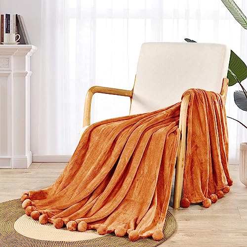 Bytide Pom Pom Throw Blankets Couch Cover Flannel Fleece Throw With Pompom Fringe Tassels, Plush Fluffy Cozy Warm Soft Lightweight Throw For Couch Sofa Bed Chair, 60" X 80", Burnt Orange #TOP4