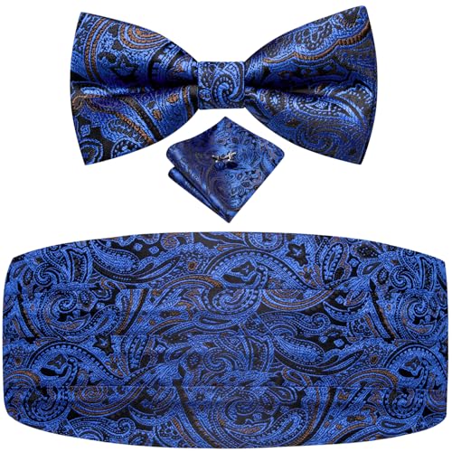 Image of Dubulle Mens Cummerbund and Bow Tie Set Paisley Floral Pretied Bowties for Men Pocket Square Cufflinks Wedding Business