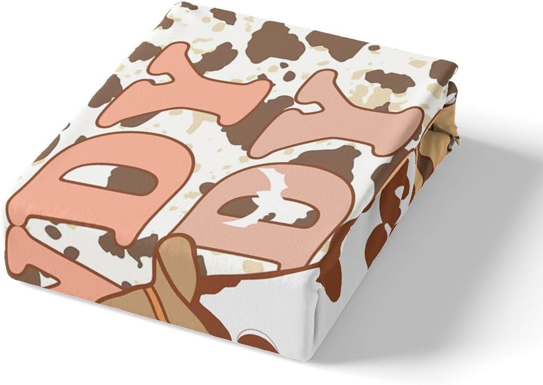 Manfei Western Ghost Bed Sheet Set 3 Pieces,Tribal Cowboy Hat Halloween Cute Ghost Microfiber Bedding Set Without Flat,Brown Cowhide Rustic Cow Fur Print Fitted Sheet,2 Pillow Cases,Full Size