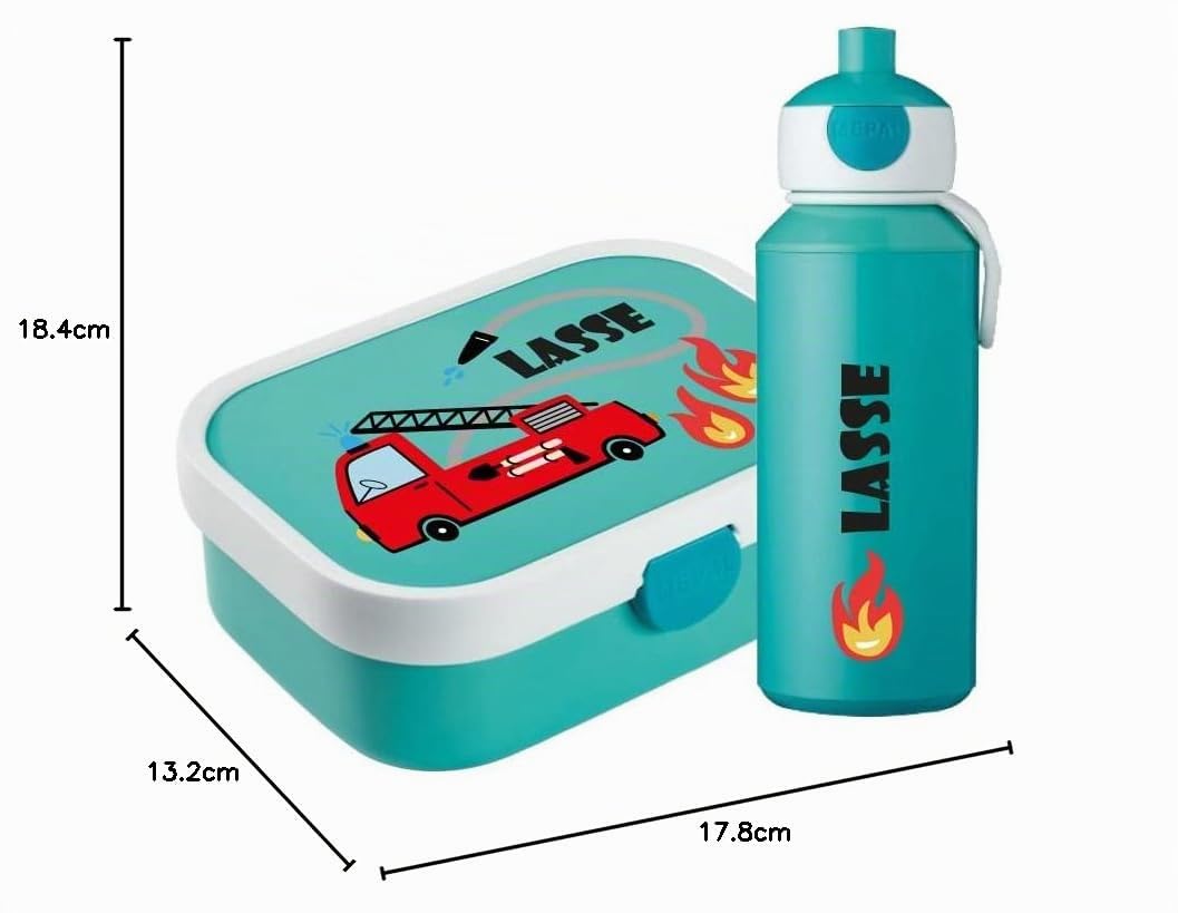 4youDesign Mepal Bento Box & Trinkflasche Set personalisiert Feuerwehrauto – Geschenk für Kinder Geburtstag - Auslaufsicher – Brotdose 750ml, 400ml Flasche (Cool Mint)