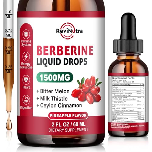 ReviNutra Berberine HCL Liquid Drops, 1500mg Berberine Supplement with Ceylon Cinnamon, Bitter Melon, Milk Thistle for Immune, Digestion System & Heart Health, 2 Fl Oz, Sugar-Free Pineapple Flavor