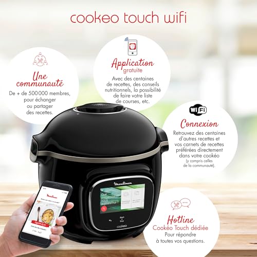 Moulinex Cookeo Touch Wifi Multicuiseur intelligent, Cuve 6 L, Haute pression, Guide pas à pas, 250 recettes intégrées, Application Moulinex CE902800, Noir