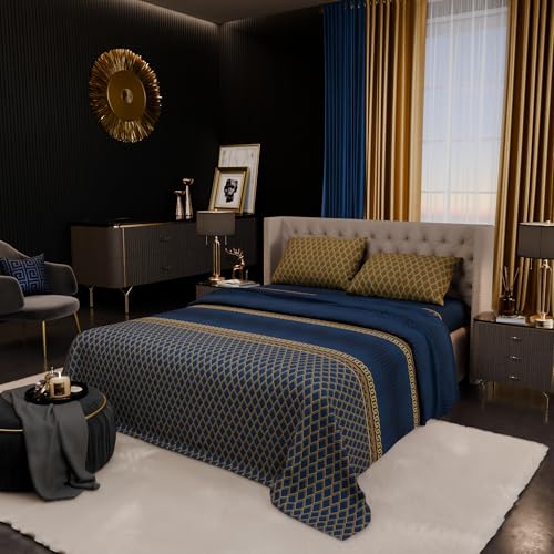 Image of Stoa Paris 100% Bamboo Cotton King Size Bedsheet with 2 Pillow Covers, 200TC Printed Bedding Set, Breathable, All-Season Comfort, Aesthetic Home Decor, Imperial Grandeur - Indigo Arcadia(228cmx274cm)