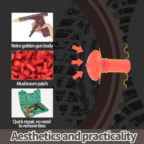 Image of Tubeless Tire Gun Puncture Repair Kit with Mushroom Plug for Tyre Punctures and Flats on Cars, Motorcycles, ATV, Trucks & Tractors (Brown)