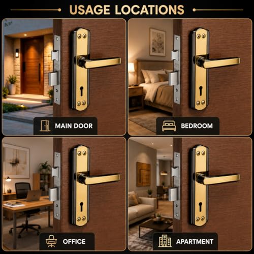 Image of SARDAR Black & Gold 7 Inch Iron Mortise Door Handle Lock Set for Main Door & Bedroom | Heavy Duty Premium Complete Fitting Set | DatsunBGold