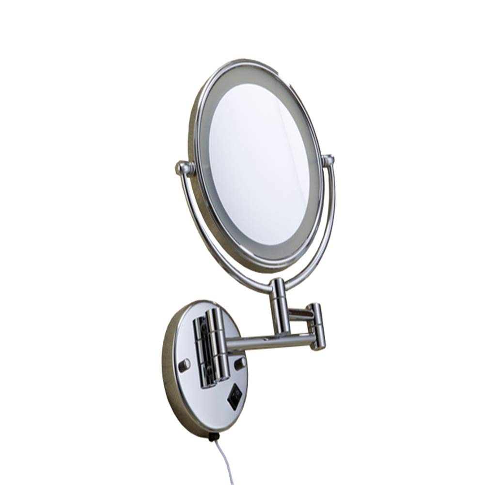 Espejo de maquillaje Montaje en pared, con Luz LED Giratorio de 360° Aumento de 3X Espejo de baño de Doble Cara Espejo de belleza plegable de Forma Redonda extensible,Silver_8inch (Silver 8i