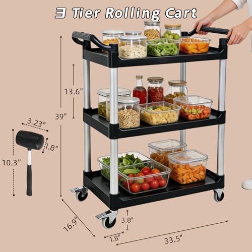 Image of 3 Tier Heavy Duty Rolling Utility Cart with Strong Wheels and Handle 500lbs Load Capacity Plastic Serving Cart for Food Commercial Garage Restaurant Kitchen, Black Storage Shelf