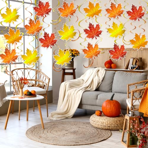 Image of 72 Pcs Fall Thanksgiving Hanging Decoration Maple Leaves Swirl Autumn Party Decoration Autumn Ceiling Decor Foil Orange Leaves Streamers for Home Office Classroom Harvest Party Supplies