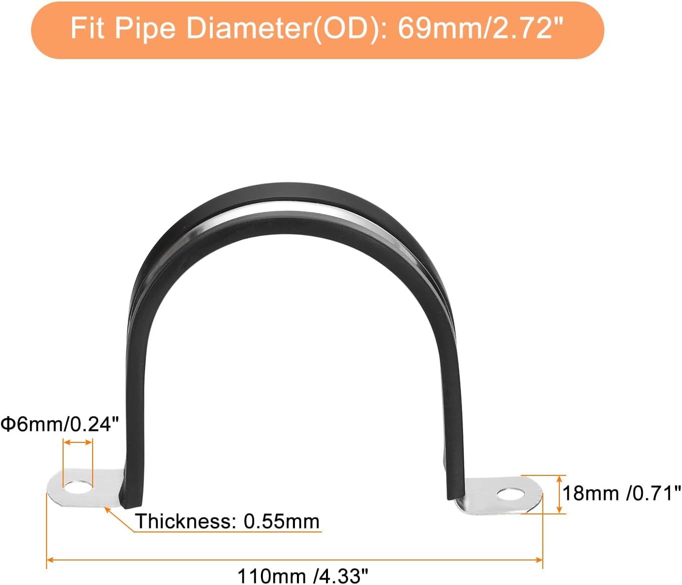 uxcell 16Pcs 69mm(2-3/4") Cable Clamp, Rubber Pipe Strap Rubber Cushioned 304 Stainless Steel Hose Clamp U Shape Metal Clamp Tube Holder for Tube Pipe Wire
