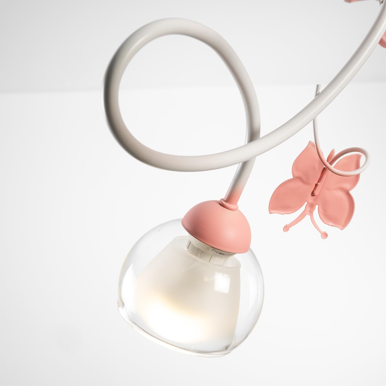 ONLI Lampadario 3 luci cameretta in Metallo Bianco con Farfalle dipinte in Rosa