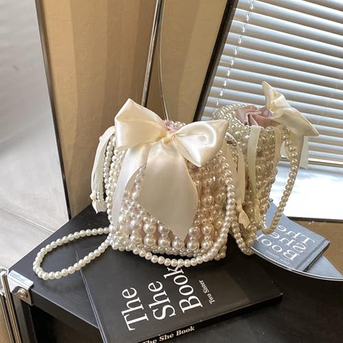Beaded Purse Pearl Beaded Handbag for Women with Satin Bow Drawstring Dressy Wedding Guest Bag Party Bridal Accessory2