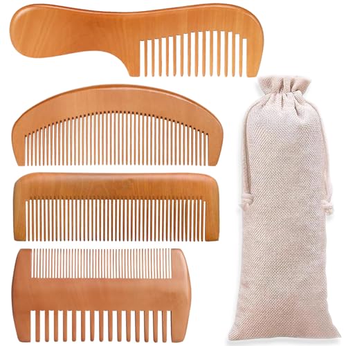 4 Pcs Natural Bamboo Comb Set for Women & Men - Wide Tooth Detangling, Beard & Labor Combs for Curly, Thick, Wavy Hair with Gift Bag