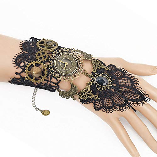 Juland Fingerless Gloves Gothic Floral Lace Steampunk Wristband Clock Vintage Gear Gloves Bridal Bracelet Rhinestone Ring Set - 1 Pair -S392