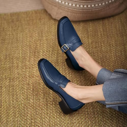 Image of MOOMMO Women Chunky Heel Penny Loafers Square Toe Buckle Slip On Comfort | Office Ladies Loafer Pumps 2 inch Stacked Block Heel Dress Loafers Oxfords Walking Dress Shoes Casual Size 4-11 M US