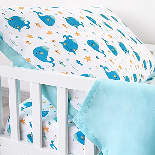 Image of Biloban 3-Piece Toddler Sheet Set Microfiber, Toddler Bedding Set Includes Crib Mattress Sheet, Flat Sheet and Envelope Pillowcase, Silky Soft, Breathable and Lightweight, Whale
