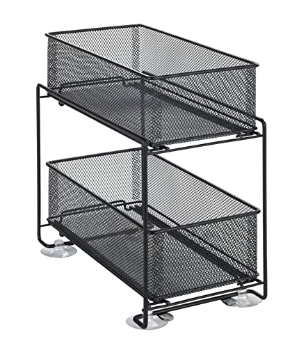 WENKO Schubladenregal Mod. Gioma, hochwertiger Organizer mit 2 Etagen und Korb-auszug für Küchenschrank oder Arbeitsplatte, Küchenregal aus pulverbeschichtetem Metall, 35 x 33,5 x 18,5 cm, Schwarz