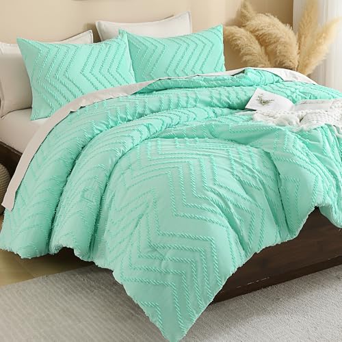 Image of Andency Mint Green Comforter Set Full Size, Boho Soft Warm Tufted Neutral Bedding Comforter Sets for Full Bed, 3 Pieces Aesthetic Chevron Cute Bohemian Textured Bedding Set