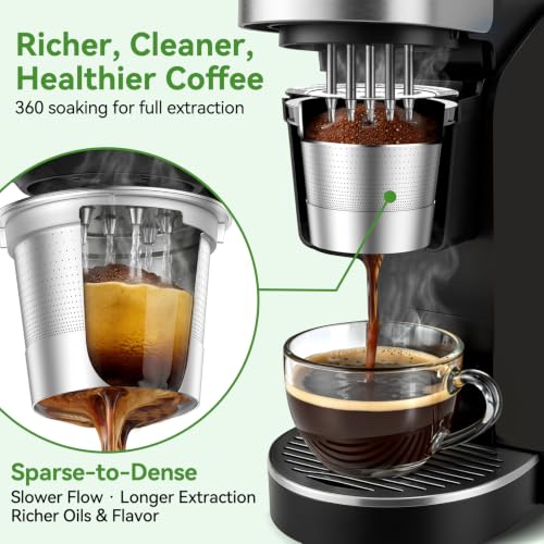 Image of CAPMESSO Reusable K Cups for Keurig: 6 Pack 5 Hole All Stainless Steel Pods | Fits K Supreme K Slim K Duo Gen2 includes scoop no plastic taste brew cups back to back before washing easy rinse /rich coffee