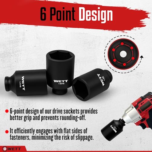 Image of WETT 1 /2 inch Drive Deep Large Impact Socket Set, 8-Piece Spindle Axle Nut Large Sockets Set, Standard SAE 6 Point Wheel Wrench Sockets, CR-V Steel, (1-1 /4-Inch-1-3 /4-Inch)