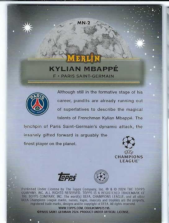 KYLIAN MBAPPE 2023-24 Topps Merlin Chrome UEFA Club Competitions Mystic Nights Soccer Card #MN-2 Real Madrid CF France