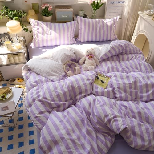 Image of EAVD Farmhouse Purple Striped Duvet Cover King Soft Washed Microfiber Pink White Vertical Striped Bedding Set with 2 Pillowcases Modern Geometric Pattern Duvet Cover with Zipper Closure