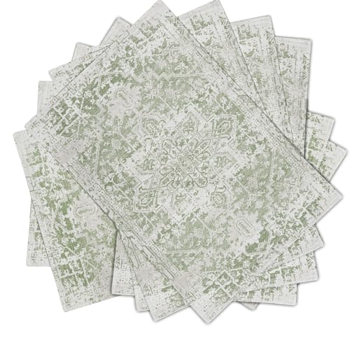 Image of Gray Light Green Boho Placemats Set of 6 Ethnic Bohemian Carpet Place Mats Washable Kitchen Dining Vintage Grey Geography Floral Linen Table Mats Stain Heat-Resistant for Home Party Indoor 12x18 in