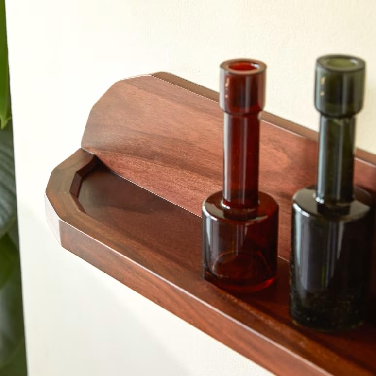 Image of 3 Years Warranty Sheesham Wood Wall Shelf for Bathroom & Living Room | Floating Wall Mounted Shelf with Back Panel & Section Divider Design | Long Display Rack for Toiletries Decor Plants| Rosewood