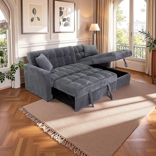 SQUAREBOXX Modena Jumbo Cord 3 Seater Pull-Out Sofa Bed with Reversible Storage Chaise, L-Shaped, Black Grey Cream, Modern Design (Grey) - Image 2