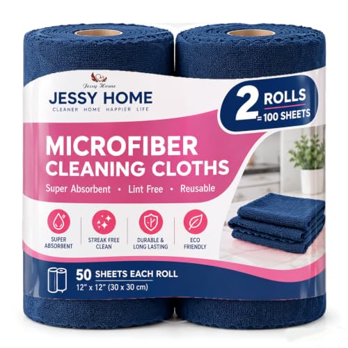 Jessy Home 2 Roll Reusable Paper Towels,100 Sheets Tear Away Microfiber Cleaning Cloth, Lint Free Cleaning Rags for Kitchen, Dishcloth,Household Cleaning Supplies