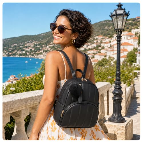 Image of ECOSUSI Mini Backpack for Women Vegan Leather Quilted Small Backpack Purse | Cute Pom Bookbag for Ladies Travel Shoulder Bag with Charm Tassel, Beige
