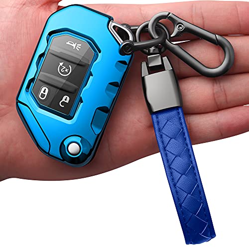 Image of Compatible with Jeep Key Fob Cover With Leather Keychain Soft TPU Protection Key Case for 2018-2026 Wrangler JL JLU Rubicon Wagoneer Gladiator JT Sahara JLU Remote Key (Aurora Blue)