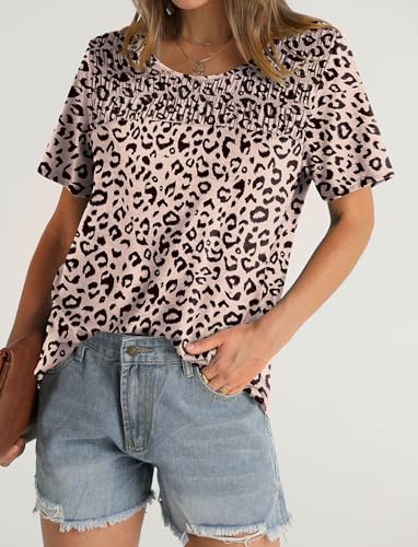 Ofeefan Animal Print Tops For Women Casual V Neck Short Sleeve Shirts For Women Side Split M thumb #2