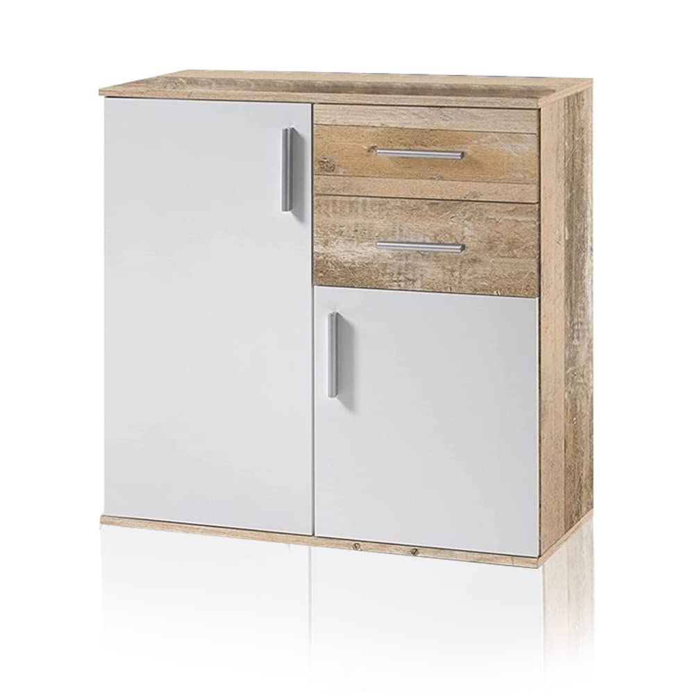 BAKAJI Mobile Madia con 2 Cassetti Doppia Anta e 2 Ripiani Interni Mobiletto Credenza Armadio Multiuso Cucina Bagno Ufficio Design Moderno Dimensioni 82x35x80cm (Bianco e quercia effetto legno)