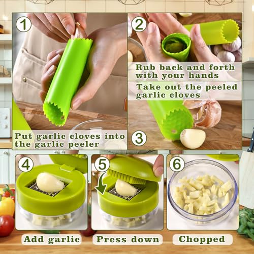 2 Pcs Garlic Press Stainless Steel, Garlic Mincer Crusher with Peeler and Cleaning Brush, Garlic Chopper Mini Kitchen Tool - Thumbnail 3