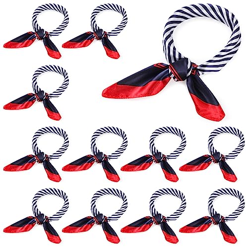 Xtinmee 12 Pack Nautical Square Scarf Red White and Blue Imitated Silk Sailor Neck Scarf for Women Ladies, Classic Style