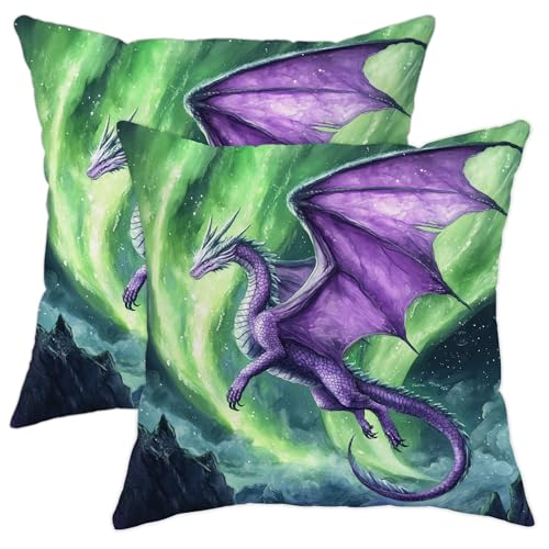 Fantasy Dragon - Juego de 2 fundas de almohada de dragón con alas violetas, fundas de cojín cuadradas decorativas mágicas para el hogar, sofá, cama, sofá, 16 x 16 pulgadas