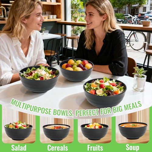 Image of Wheat Straw Bowls Set of 6, Unbreakable Lightweight 60 OZ Salad Bowls for Kitchen and Camping, Big Plastic Bowl for Serving, Cereal, Ramen, Soup, Microwave & Dishwasher Safe, Black