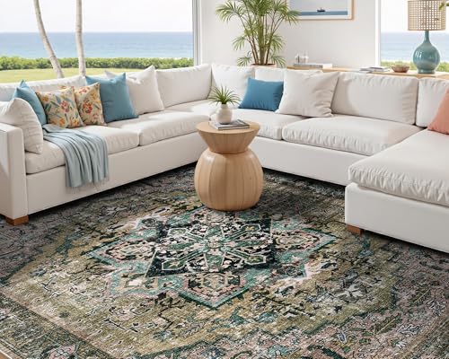 AMERLIFE 5'x8' Area Rug, Machine Washable Vintage Area Rug- Soft Carpet with Non-Slip Backing for Living Room, Bedroom, Nursery- Green